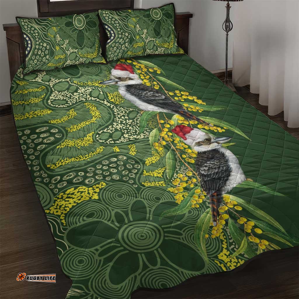 Aussie Kokaburra Golden Wattle Christmas Quilt Bed Set Aboriginal Dots Painting Green Motif LT9