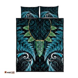 Aotearoa Pounamu Niho Quilt Bed Set Silver Fern Mix Maori Pattern - Turquoise LT14