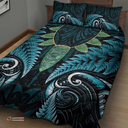Aotearoa Pounamu Niho Quilt Bed Set Silver Fern Mix Maori Pattern - Turquoise LT14