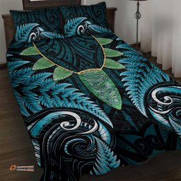 Aotearoa Pounamu Niho Quilt Bed Set Silver Fern Mix Maori Pattern - Turquoise LT14
