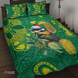 Aussie Honeyeaters Banksia Christmas Quilt Bed Set Aboriginal Dots Painting Green Motif LT9
