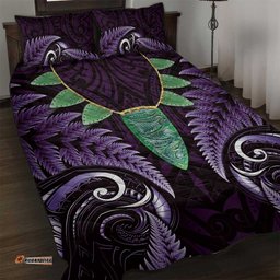 Aotearoa Pounamu Niho Quilt Bed Set Silver Fern Mix Maori Pattern - Purple LT14