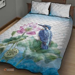 Australia Azure Kingfisher Quilt Bed Set Ceyx Azureus Sacred Lotus Watercolor LT14