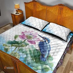 Australia Azure Kingfisher Quilt Bed Set Ceyx Azureus Sacred Lotus Watercolor LT14