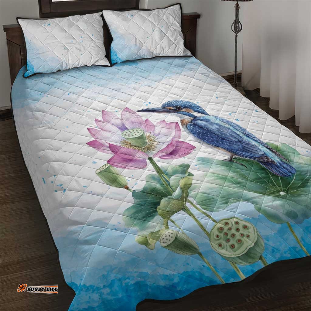 Australia Azure Kingfisher Quilt Bed Set Ceyx Azureus Sacred Lotus Watercolor LT14