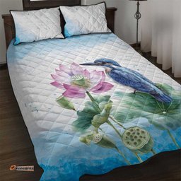 Australia Azure Kingfisher Quilt Bed Set Ceyx Azureus Sacred Lotus Watercolor LT14