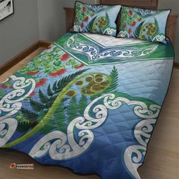 Aotearoa New Zealand Natural Plants Quilt Bed Set Pohutukawa with Silver Ferns Koru Frond Maori Tattoos LT03