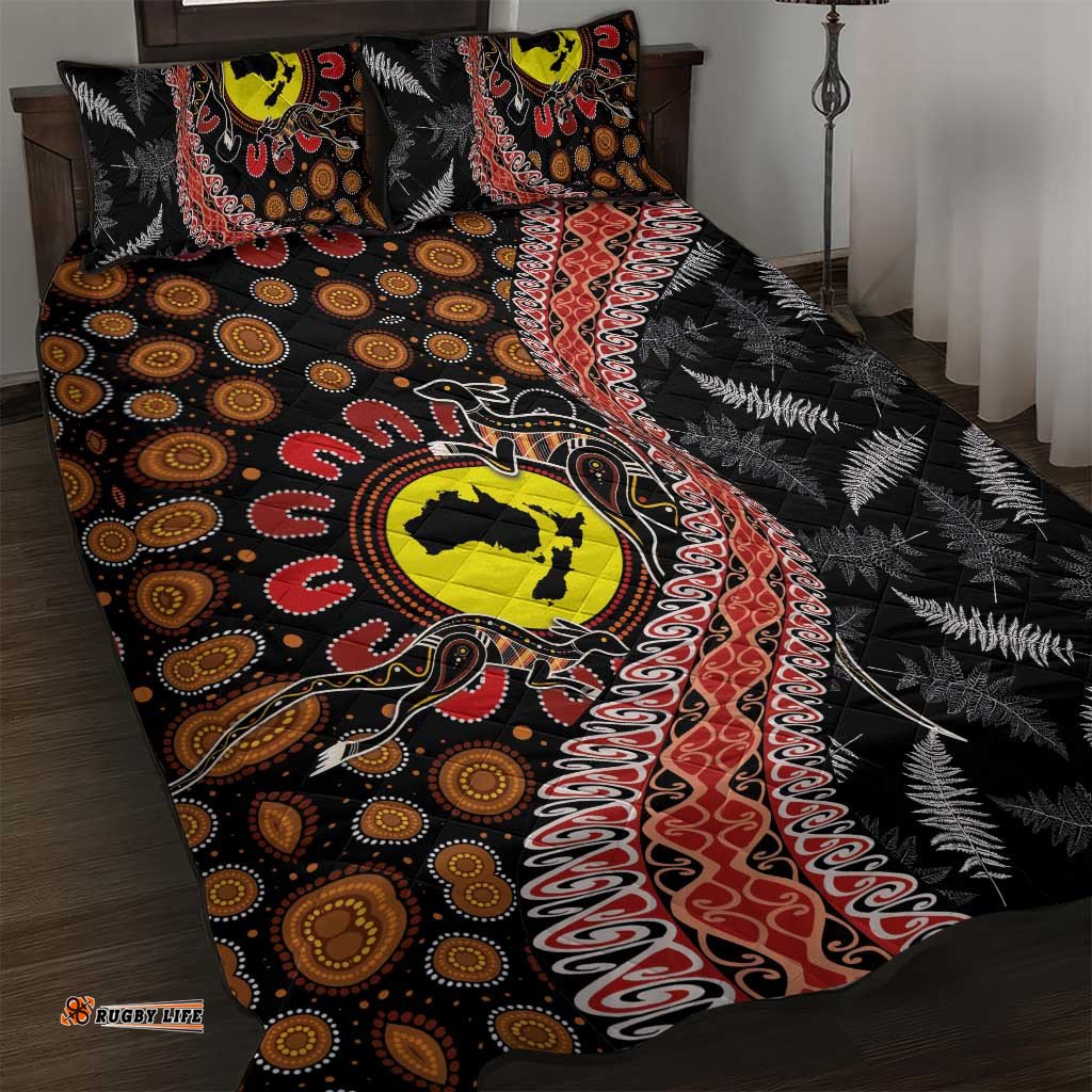 Aotearoa and Australia Quilt Bed Set Maori Koru Ferns With Aboriginal Kangaroo LT03