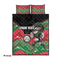 Custom Rabbitohs Quilt Bed Set Rabbit Mascot With Aboriginal Indigenous DT05