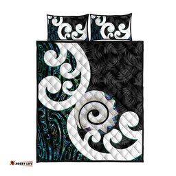 Aotearoa Koru Quilt Bed Set Cyan Maori Paua Shell Mix Silver Fern LT14