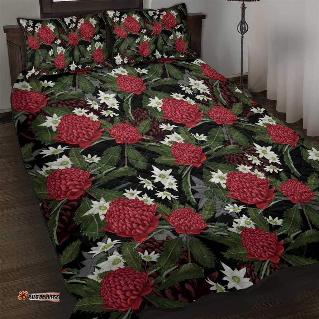 Australia Waratah Flannel Flower Quilt Bed Set Aussie Native Flowers Seamless Stylized LT14