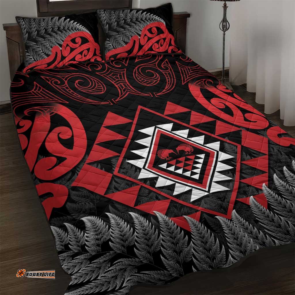 Aotearoa Kiwi Taniko Quilt Bed Set Silver Fern With Maori Koru Pattern LT14