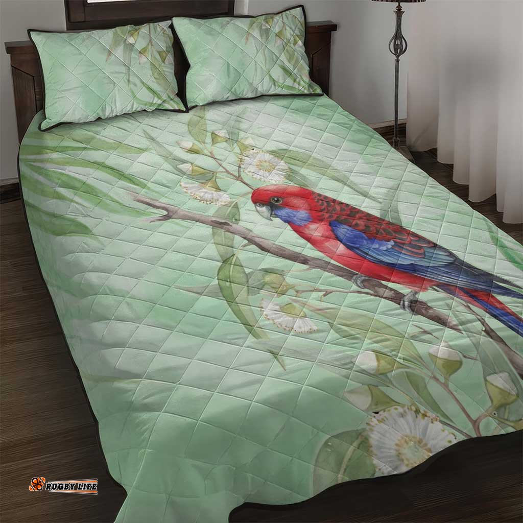Australia Crimson Rosella Quilt Bed Set Platycercus Elegans Eucalyptus Alba Watercolor LT14
