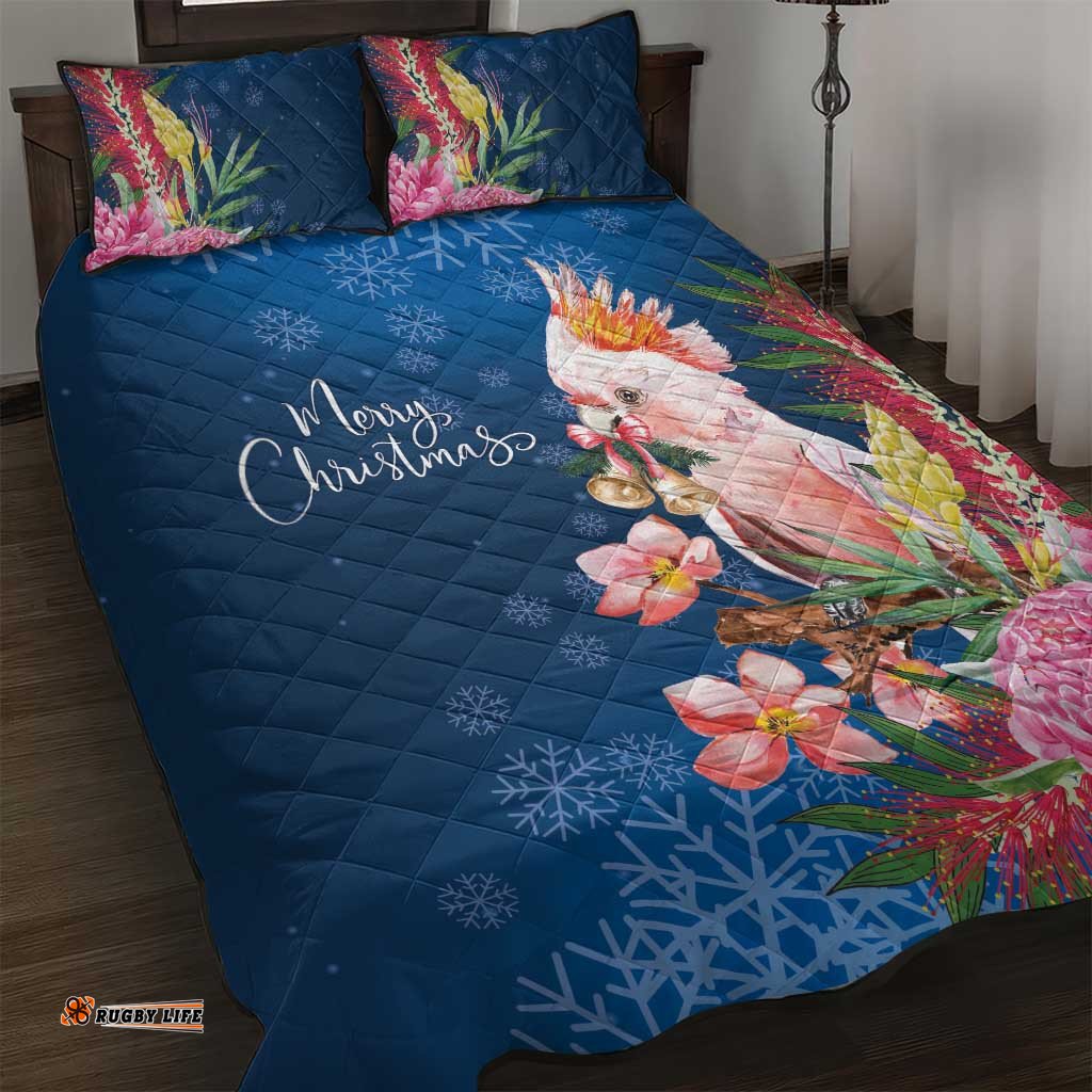 Australia Christmas Pink Cockatoo with Banksia Quilt Bed Set Snowy Blue LT7