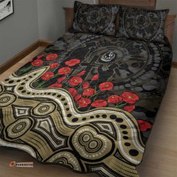 Collingwood Magpies ANZAC Day Quilt Bed Set Indigenous Dot Art with Poppy Flower Tribute TS04