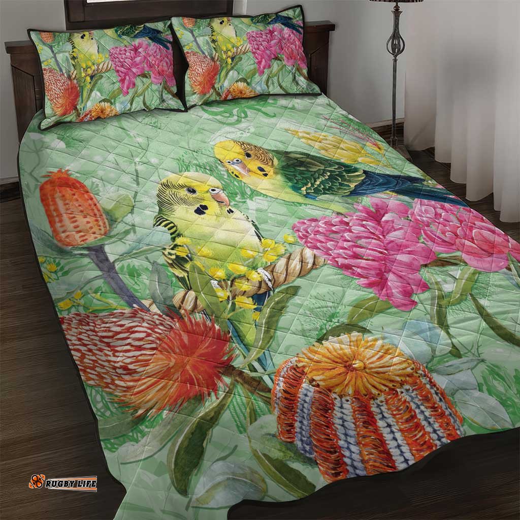 Birds and Floral Aussie Budgerigars Quilt Bed Set Mint Opal LT7