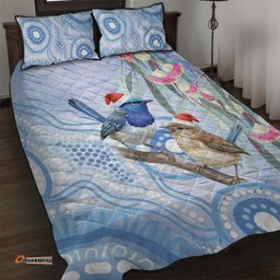 Australia Superb Fairywren Christmas Quilt Bed Set Aboriginal Eucalyptus Blossoms Watercolor LT14