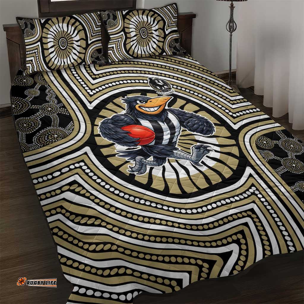Collingwood Football Club Quilt Bed Set Indigenous Monochrome Dot Art Mascot Style TS04