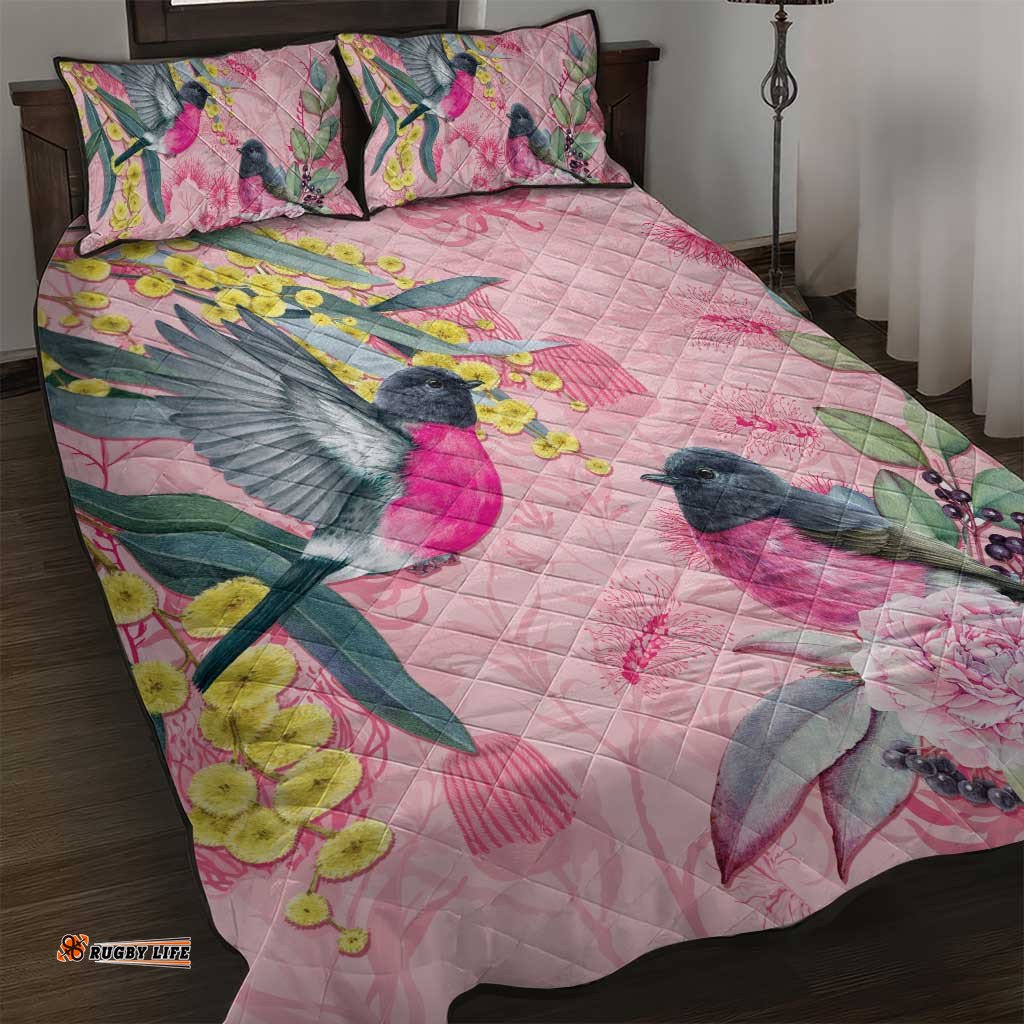 Birds and Floral Aussie Pink Robins Quilt Bed Set Rosy Glow LT7