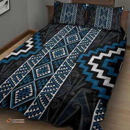 Azure Tukutuku Pattern Aotearoa Quilt Bed Set Niho Taniwha and Puhoro Motifs LT7