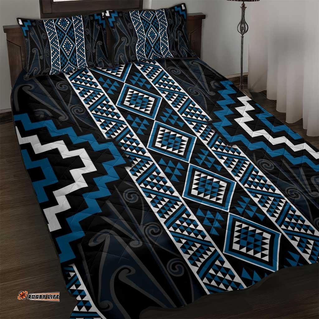 Azure Tukutuku Pattern Aotearoa Quilt Bed Set Niho Taniwha and Puhoro Motifs LT7