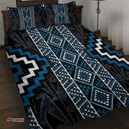 Azure Tukutuku Pattern Aotearoa Quilt Bed Set Niho Taniwha and Puhoro Motifs LT7