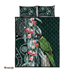 Australian Ringneck Parrot Quilt Bed Set Barnardius Zonarius Eucalyptus Flowers Aboriginal Art LT14