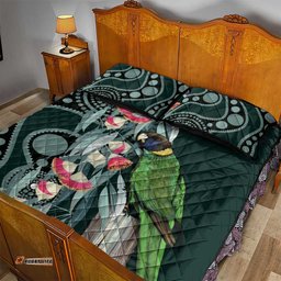 Australian Ringneck Parrot Quilt Bed Set Barnardius Zonarius Eucalyptus Flowers Aboriginal Art LT14