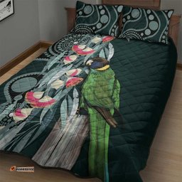 Australian Ringneck Parrot Quilt Bed Set Barnardius Zonarius Eucalyptus Flowers Aboriginal Art LT14
