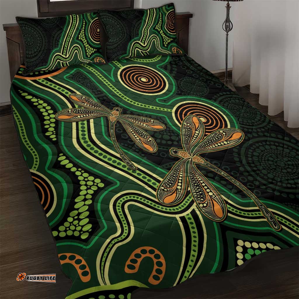 Green Indigenous Dragonfly Australia Quilt Bed Set Aboriginal Art LT14