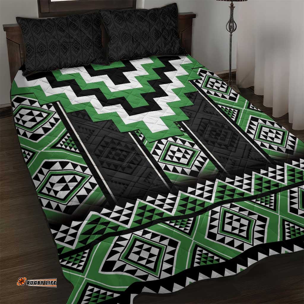 Green Taniko Pattern Aotearoa Quilt Bed Set Niho Taniwha Mix Poutama LT14