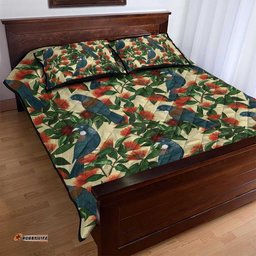 New Zealand Christmas Quilt Bed Set Romantic Tui Birds on Pohutukawa - Ivory LT7