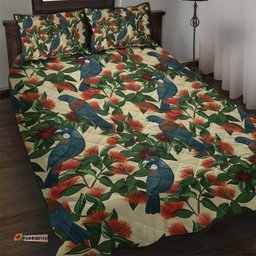 New Zealand Christmas Quilt Bed Set Romantic Tui Birds on Pohutukawa - Ivory LT7