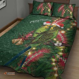 Green Budgerigars on Callistemon Quilt Bed Set Merry Christmas Aussie LT7