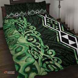 Green Aotearoa Quilt Bed Set Taniko Motifs With Paua Shell Kowhaiwhai LT14