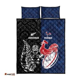 France And New Zealand Rugby Quilt Bed Set Les Bleus Rooster With Maori Tiki LT05
