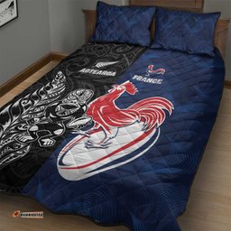France And New Zealand Rugby Quilt Bed Set Les Bleus Rooster With Maori Tiki LT05