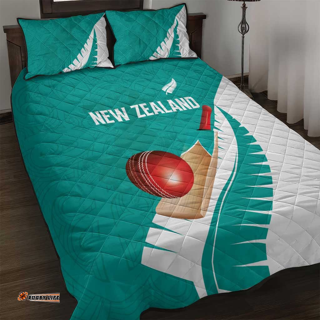 New Zealand Cricket Quilt Bed Set Kiwi Birds Haka Dance Turquoise Fern Sporty Style LT03