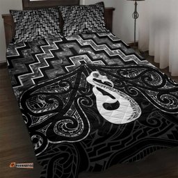 New Zealand Maori Quilt Bed Set Poutama Manaia Black Paua Shell LT05