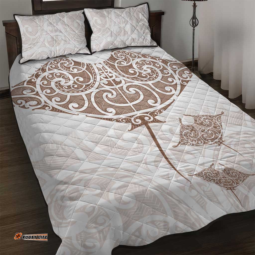 New Zealand Manta Ray Tattoo Quilt Bed Set Aotearoa Maori Haehae Beige LT14