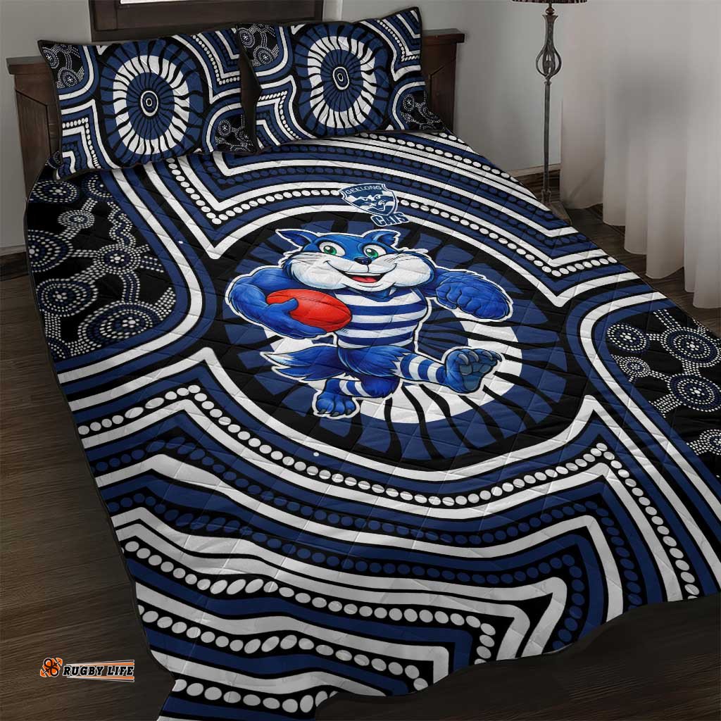 Geelong Cats Quilt Bed Set Indigenous Monochrome Dot Art Mascot Style TS04