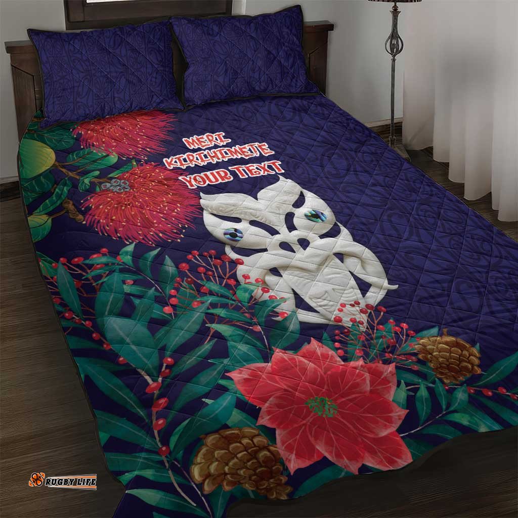 Maori Wheku Meri Kirihimete Personalised Quilt Bed Set All Blue Indigenous Maori Motif LT9