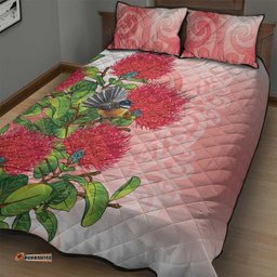 New Zealand Fantail Quilt Bed Set Maori Koru With Pohutukawa Flowers LT05