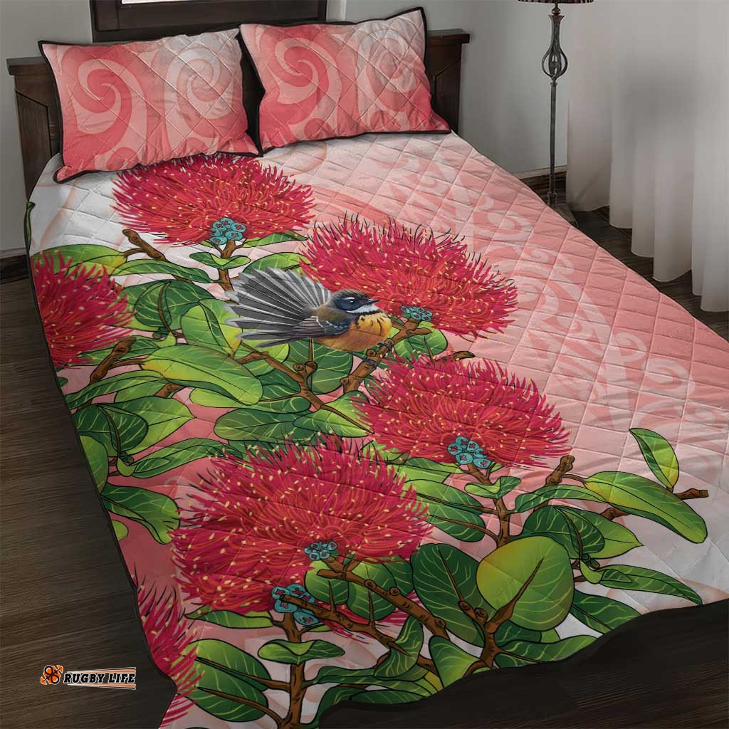 New Zealand Fantail Quilt Bed Set Maori Koru With Pohutukawa Flowers LT05