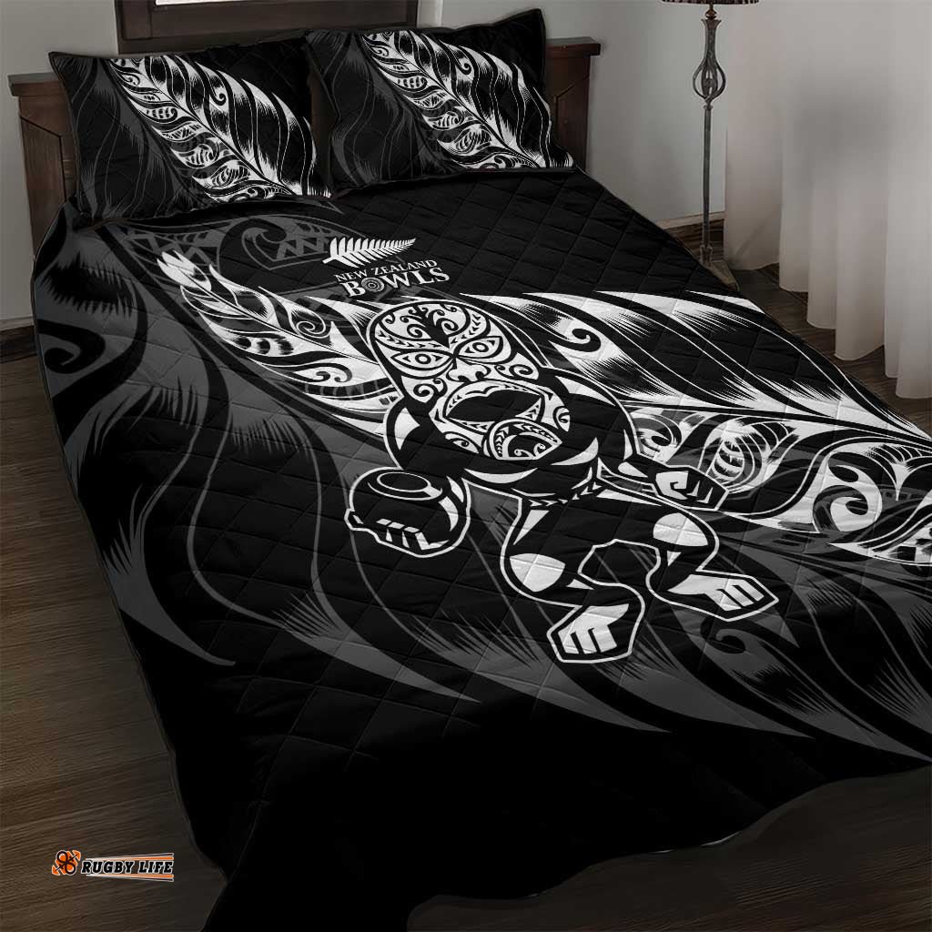 New Zealand Lawn Bowls Quilt Bed Set Black Maori Warrior Tribal Silver Fern LT9