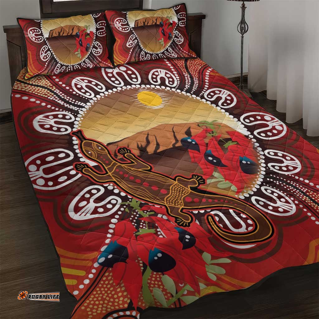 Indigenous Goanna Australia Quilt Bed Set Aussie Uluru Ayers Rock Sturt's Desert Pea LT14
