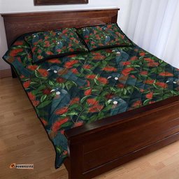 New Zealand Christmas Quilt Bed Set Romantic Tui Birds on Pohutukawa - Cobalt LT7