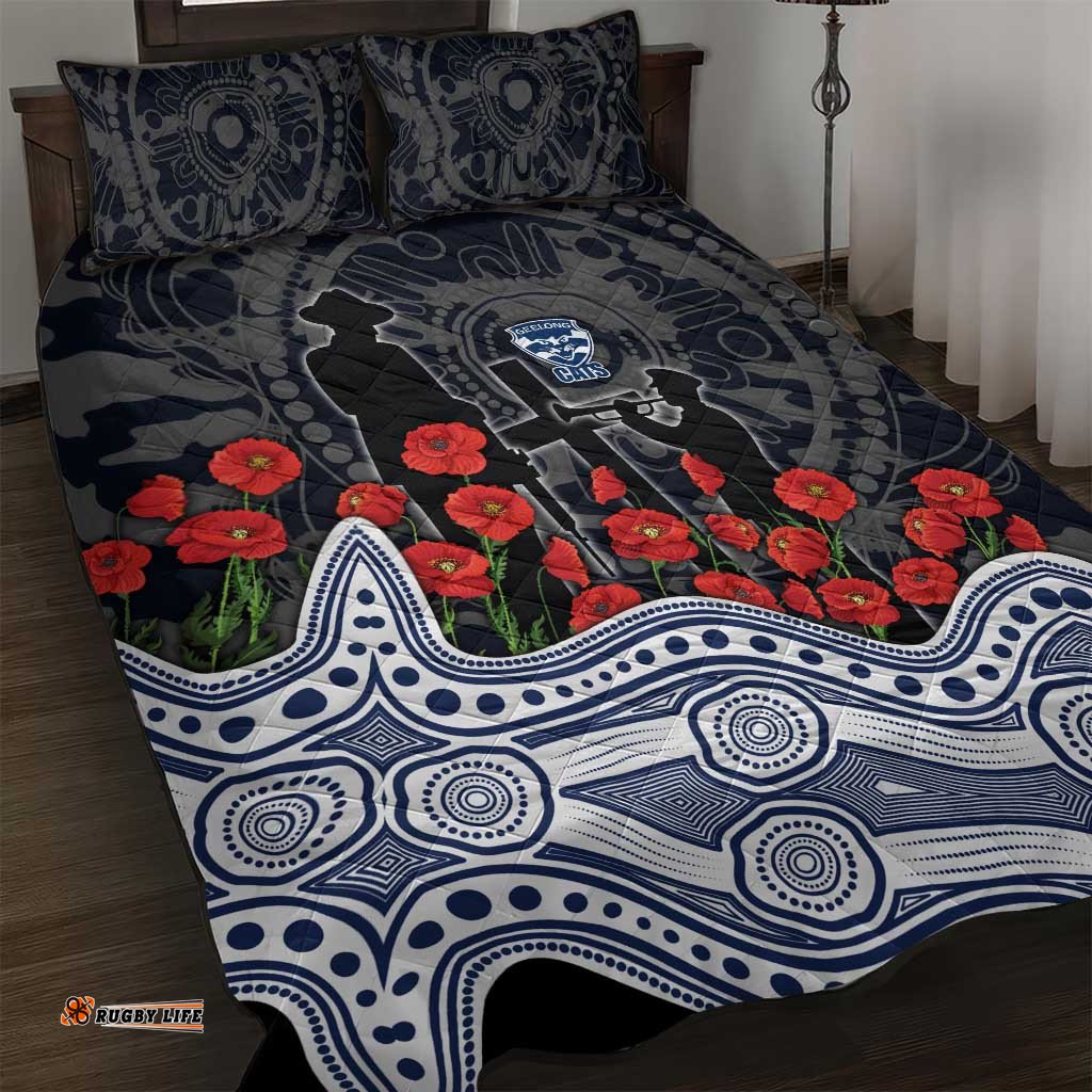 Geelong Cats ANZAC Day Quilt Bed Set Indigenous Dot Art with Poppy Flower Tribute TS04