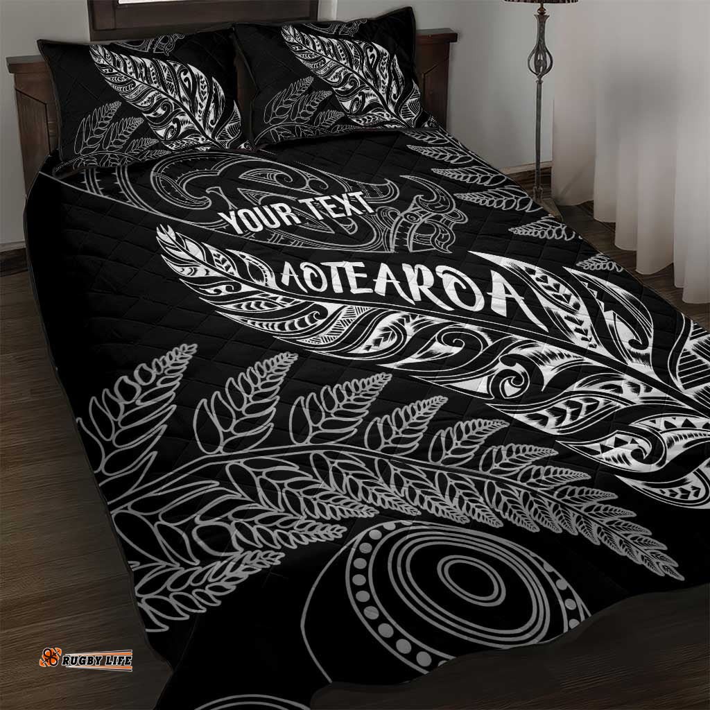 Aotearoa Personalized Lawn Bowls Maori Quilt Bed Set New Zealand Black Tribal Silver Fern LT7