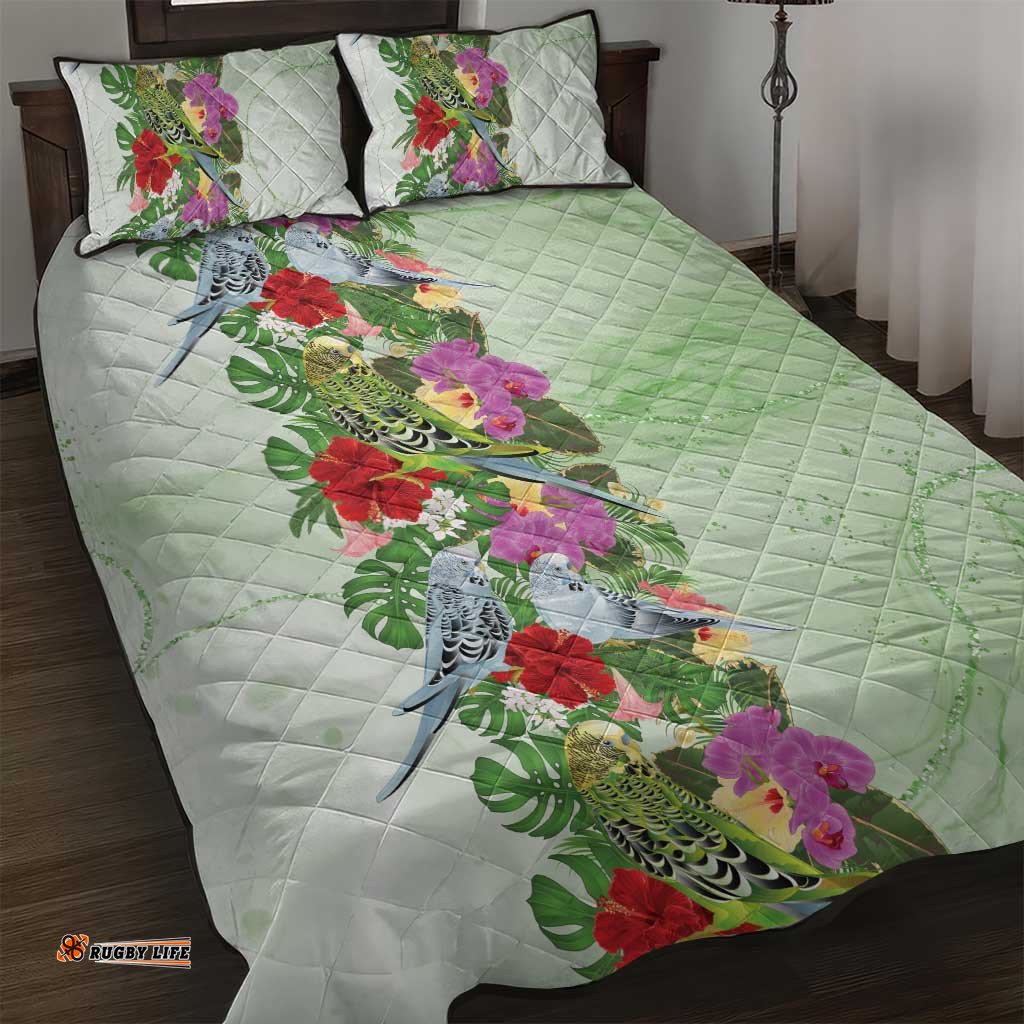 Aussie Budgies Blue And Green Tropical Birds Quilt Bed Set LT9